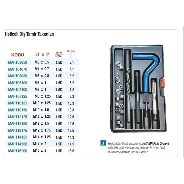 Maier M8x1,25 Helicoil Tamir Seti Metrik Standart Diş Tamir Takımı MAHT08125 - 4