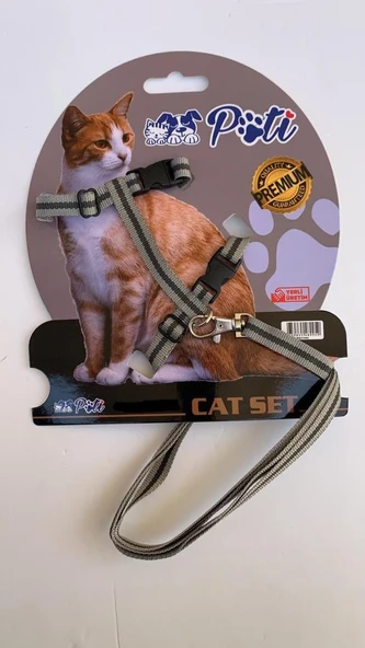 Pati Yavru Köpek ve Kedi Gezdirme Takım Tasması (Ayarlanabilir) Krem-Gri ürün görseli