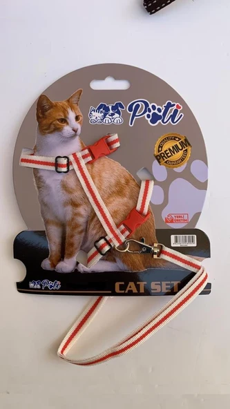 Pati Yavru Köpek ve Kedi Gezdirme Takım Tasması (Ayarlanabilir) Kırmızı-Beyaz ürün görseli