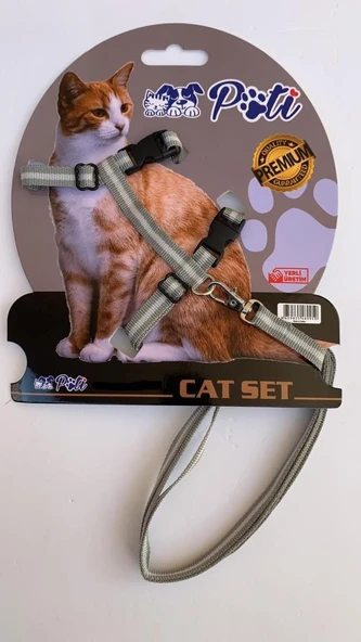 Pati Yavru Köpek ve Kedi Gezdirme Takım Tasması (Ayarlanabilir) Gri-Krem ürün görseli