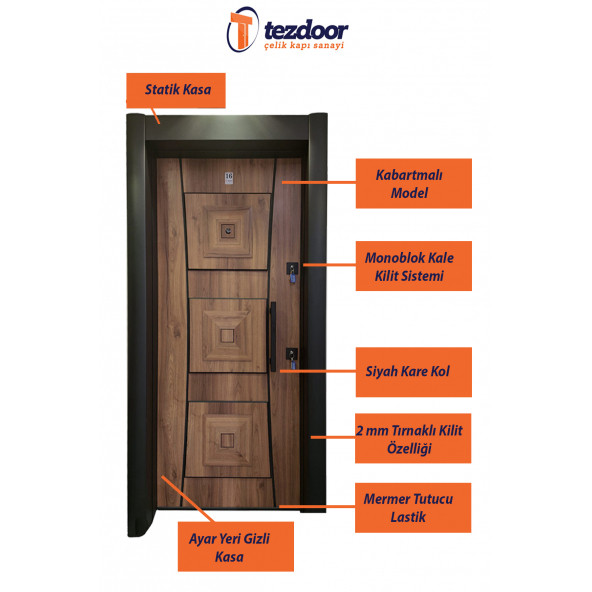 TEZ-1451 Statik Kasalı Kabartmalı Model Çelik Kapı, Daire Kapısı, Villa Kapısı - 8