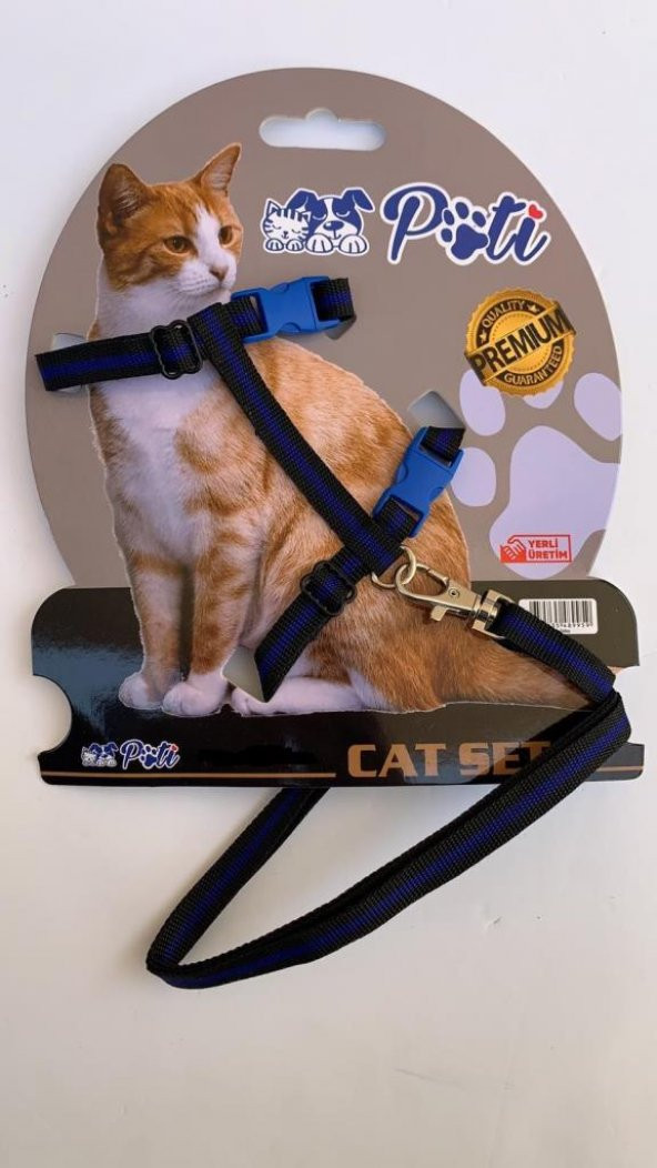 Pati Yavru Köpek ve Kedi Gezdirme Takım Tasması (Ayarlanabilir) Siyah Mavi Çizgili