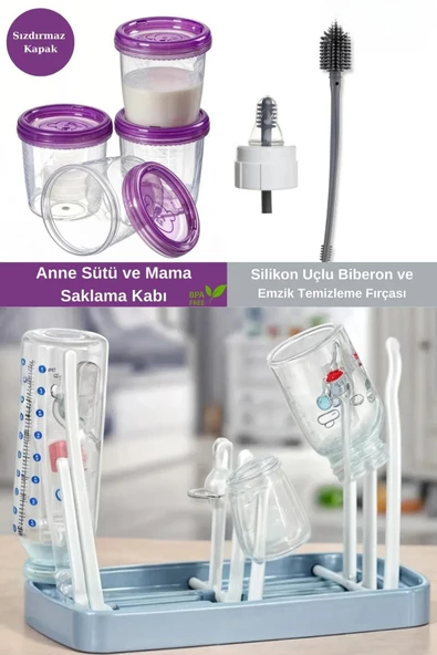 6 Parça Biberon Emzik Temizlik Fırçası - Anne Bebek Saklama Kabı - Biberon Kurutucu - 10