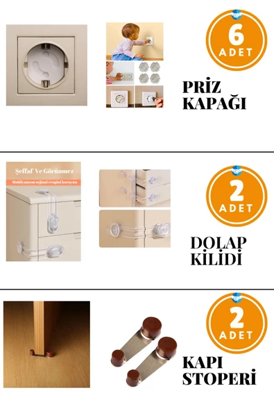 Çocuk Bebek Güvenlik Emniyet Seti 6 Priz Koruyucu, 2 Kapı Stoperi, 2 Çekmece Kilidi