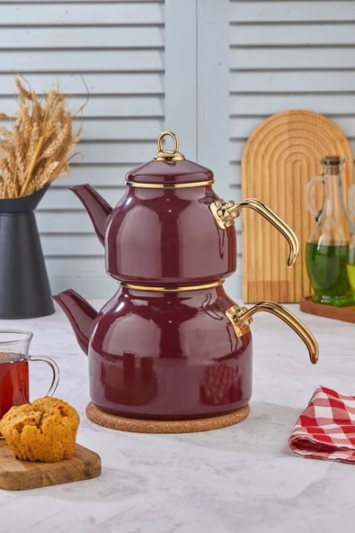 Emayye Özel Tasarım Yapışmaz Yüzey Demlik Seti Emaye Çaydanlık - 8