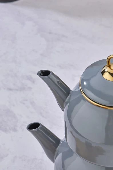 Emayye Özel Tasarım Yapışmaz Yüzey Demlik Seti Emaye Çaydanlık - 7