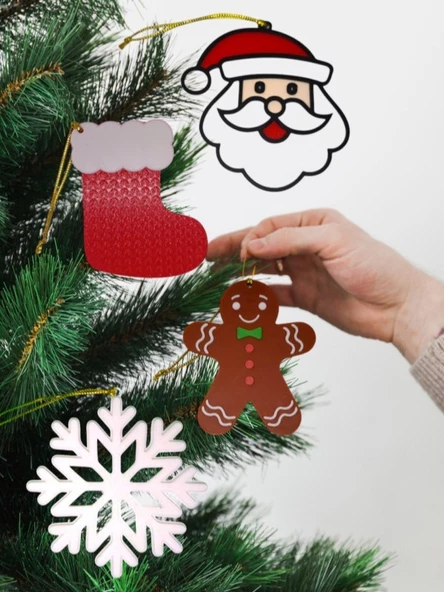 Yılbaşı Çam Ağacı Süsleri 4 lü set Noel Baba, Kurabiye, Kar, Çorap - 2