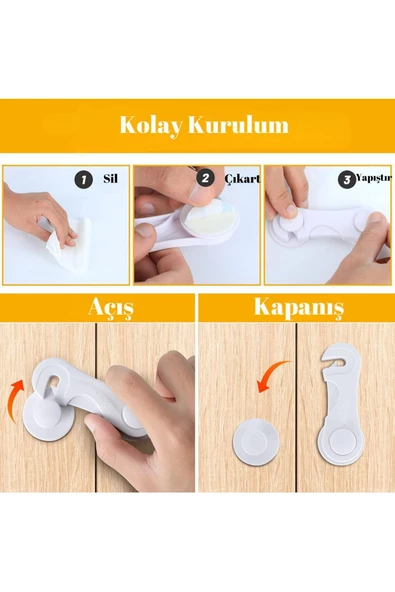 8 Adet Çok Amaçlı Çift Kapaklı Dolap Için Çocuk Bebek Güvenlik Set Emniyet Mandallı Koruma Kilit - 4