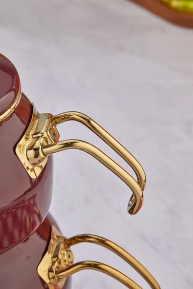 Emayye Özel Tasarım Yapışmaz Yüzey Demlik Seti Emaye Çaydanlık - 10