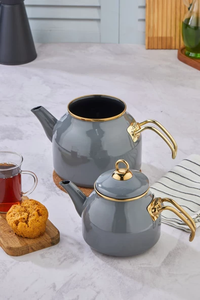 Emayye Özel Tasarım Yapışmaz Yüzey Demlik Seti Emaye Çaydanlık - 6