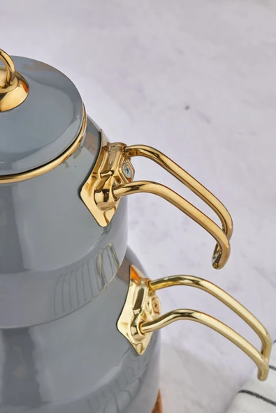 Emayye Özel Tasarım Yapışmaz Yüzey Demlik Seti Emaye Çaydanlık - 4