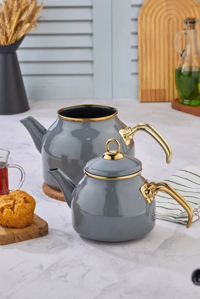 Emayye Özel Tasarım Yapışmaz Yüzey Demlik Seti Emaye Çaydanlık - 2