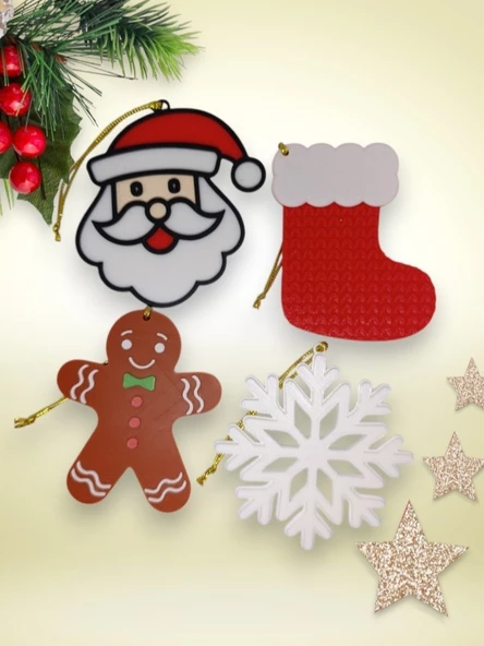 Yılbaşı Çam Ağacı Süsleri 4 lü set Noel Baba, Kurabiye, Kar, Çorap