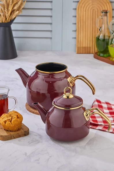 Emayye Özel Tasarım Yapışmaz Yüzey Demlik Seti Emaye Çaydanlık - 9