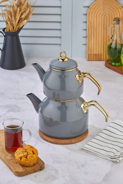 Emayye Özel Tasarım Yapışmaz Yüzey Demlik Seti Emaye Çaydanlık - 5