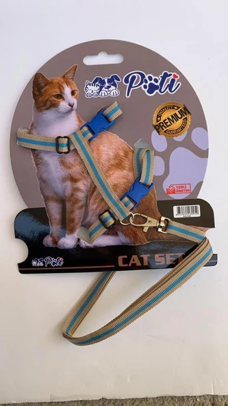 Pati Yavru Köpek ve Kedi Gezdirme Takım Tasması (Ayarlanabilir) Krem-Turkuaz ürün görseli