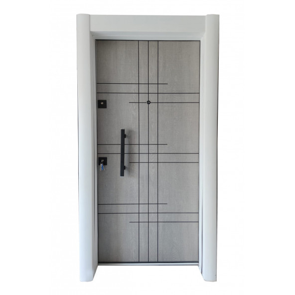 TEZ-1532B Statik Beyaz Renk Kasalı Rustik Çizgili Düz Model Çelik Kapı, Daire Kapısı, Villa Kapısı - 1