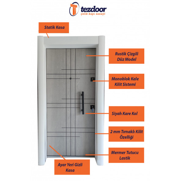 TEZ-1532B Statik Beyaz Renk Kasalı Rustik Çizgili Düz Model Çelik Kapı, Daire Kapısı, Villa Kapısı - 2