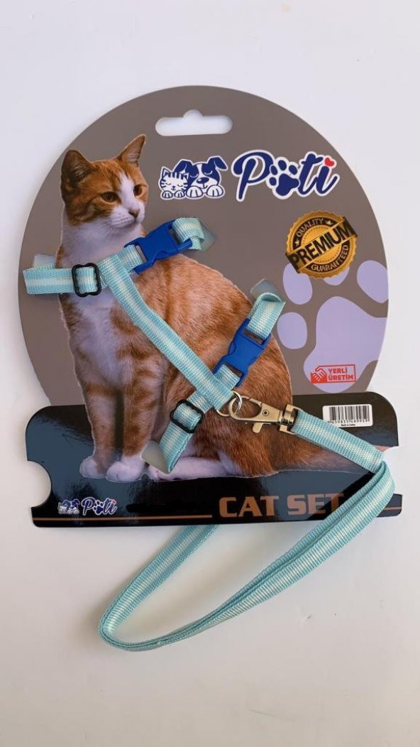 Pati Yavru Köpek ve Kedi Gezdirme Takım Tasması (Ayarlanabilir) Mavi-Beyaz