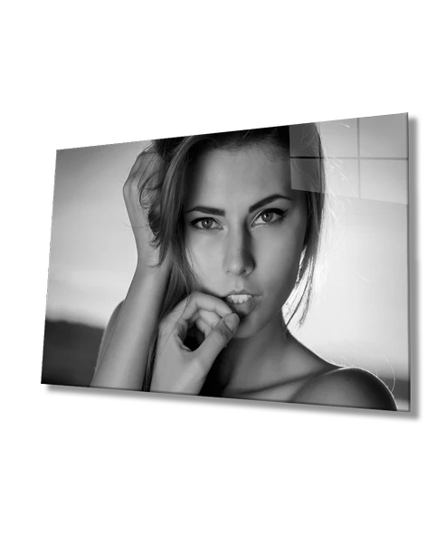 Siyah Beyaz İnsan Fotoğrafları Kadın Dekoratif ve Modern Cam Tablo ürün görseli