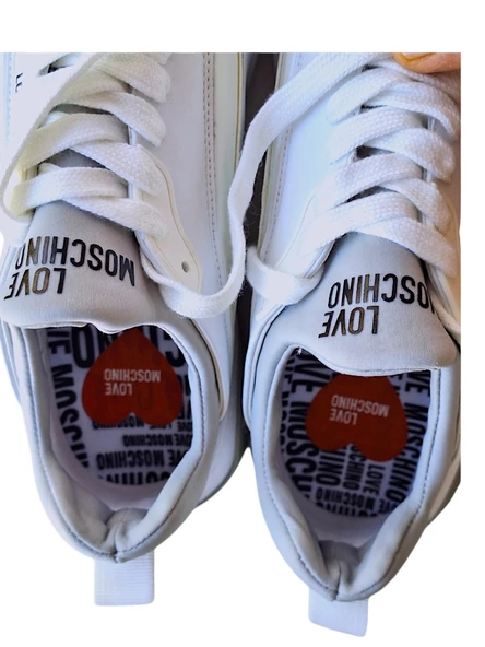 LOVE MOSCHINO JA15845G0GIO510A BEYAZ-GRİ BAĞCIKLI DERİ SPOR AYAKKABI - 5