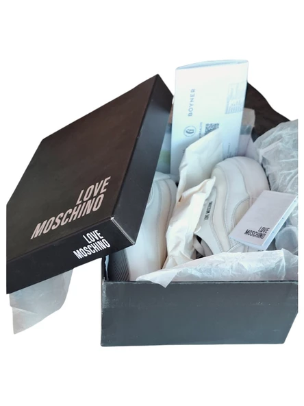 LOVE MOSCHINO JA15845G0GIO510A BEYAZ-GRİ BAĞCIKLI DERİ SPOR AYAKKABI - 2