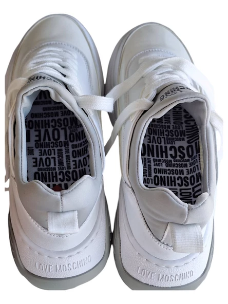 LOVE MOSCHINO JA15845G0GIO510A BEYAZ-GRİ BAĞCIKLI DERİ SPOR AYAKKABI - 4
