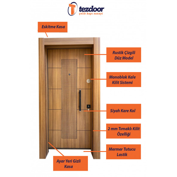 Ahşap Kaplama ABD Rustik Çizgili Düz Model Çelik Kapı, Daire Kapısı, Villa Kapısı - 2