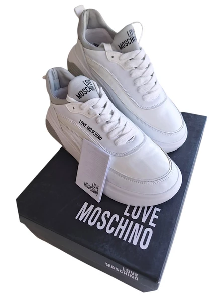 LOVE MOSCHINO JA15845G0GIO510A BEYAZ-GRİ BAĞCIKLI DERİ SPOR AYAKKABI