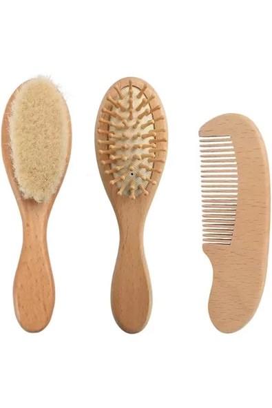 Keçi Kıllı Bebek Fırça Ve Tarağı 3'lü Set Doğal Keçi Kıllı Fırça, Ahşap Masaj Tarağı Ve Tarak - 6