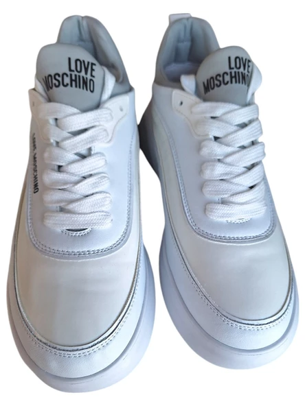 LOVE MOSCHINO JA15845G0GIO510A BEYAZ-GRİ BAĞCIKLI DERİ SPOR AYAKKABI - 3