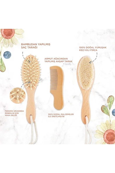 Keçi Kıllı Bebek Fırça Ve Tarağı 3'lü Set Doğal Keçi Kıllı Fırça, Ahşap Masaj Tarağı Ve Tarak - 7