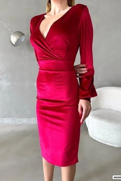 Kadın Kadife Kumaş Kruvaze Yaka Balon Kol Ve Yırtmaç Detaylı Midi Boy Elbise - 4