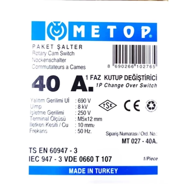 METOP 1x40A Bir Fazlı Monofaze Kutup Değiştirici Pako Şalter(1-0-2) - 3