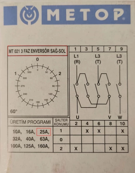 METOP 3x25A Üç Fazlı Trifaze Enversör Yön Değiştirici Pako Şalter(1-0-2 sağ - Sol) - 6
