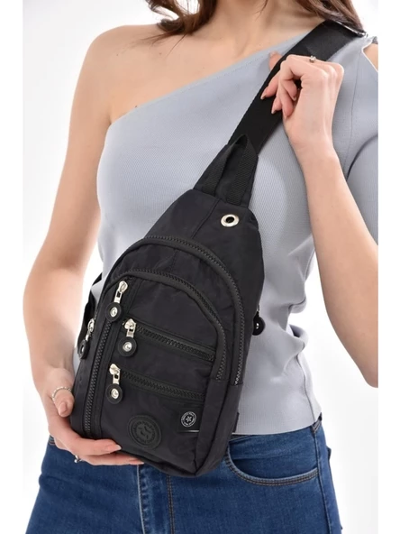 Unisex Siyah Su Geçirmez Krinkıl Çapraz Askılı Bel Omuz Çanta Göğüs Seyahet Günlük Bodybag - 3