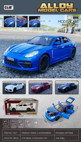 Farbu Metal Model Araba 5517, 1:18 Ölçekli Kapılar Bagaj Kaput Açılır Özellikli Sesli Ön Farları Işıklı Porsche Panamera
