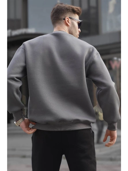 Madmext Füme Bisiklet Yaka Oversize Şardonlu Basic Erkek Sweatshirt 6048 - 2
