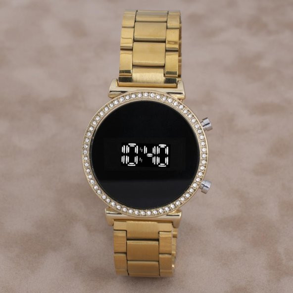 Yeni Model Taşlı Gold Renk Led Watch Dijital Çelik Kasa Kadın Kol Saati
