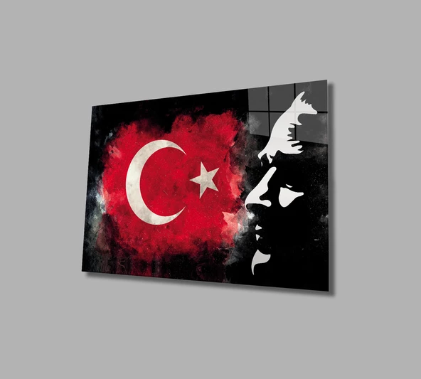 Atatürk Bayrak  Atatürk Silüetli Gölgeli Siyah Fonlu Dekoratif ve Modern Cam Tablo ürün görseli