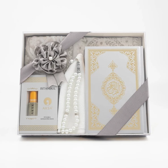 Takke + Esans + Tesbih + Seccade + Kuran Hediye Seti (Çanta Boy, Gri) - Resim 2