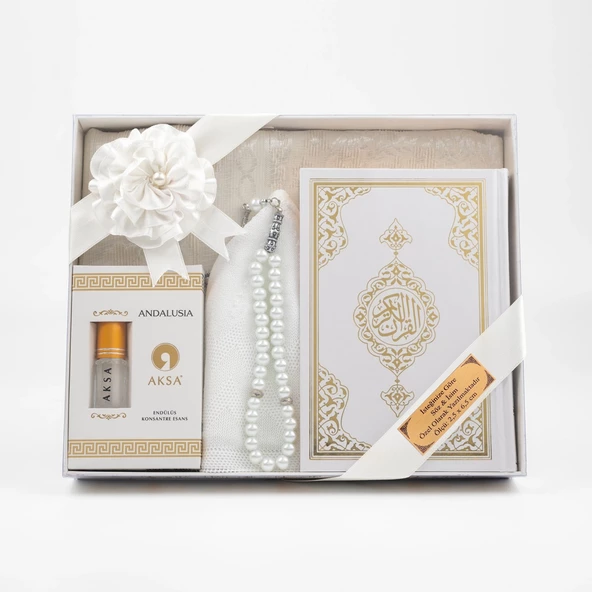Takke + Esans + Tesbih + Seccade + Kuran Hediye Seti (Çanta Boy, Beyaz) - 2