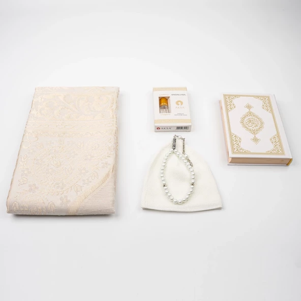 Takke + Esans + Tesbih + Seccade + Kuran Hediye Seti (Çanta Boy, Beyaz) - 3