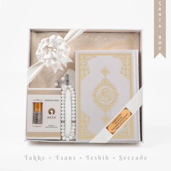Takke + Esans + Tesbih + Seccade + Kuran Hediye Seti (Çanta Boy, Beyaz)