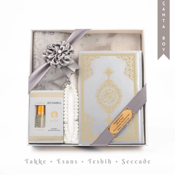 Takke + Esans + Tesbih + Seccade + Kuran Hediye Seti (Çanta Boy, Gri) ürün görseli 1
