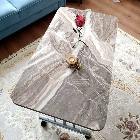Tekerlekli Masa Orta Sehpa 60x100Cm Metal Ayak Güdüm Mermer Desen - 2