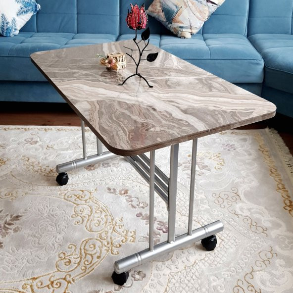 Tekerlekli Masa Orta Sehpa 60x100Cm Metal Ayak Güdüm Mermer Desen - 3