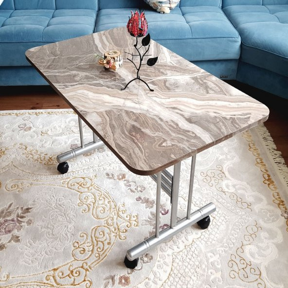 Tekerlekli Masa Orta Sehpa 60x100Cm Metal Ayak Güdüm Mermer Desen - 4