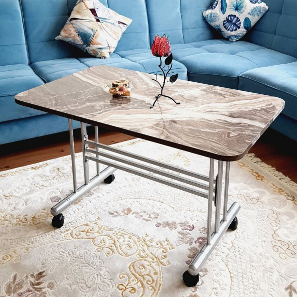 Tekerlekli Masa Orta Sehpa 60x100Cm Metal Ayak Güdüm Mermer Desen - 5