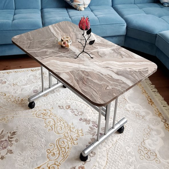 Tekerlekli Masa Orta Sehpa 60x100Cm Metal Ayak Güdüm Mermer Desen - 6